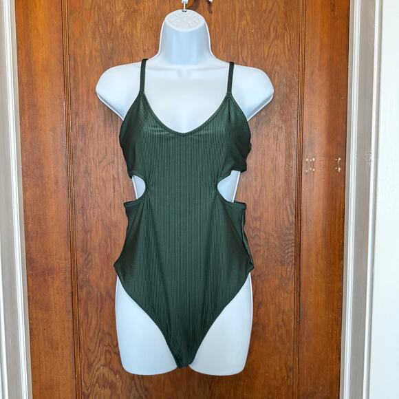 NWT Aerie Shine Rib‎ Voop Cheeky One Piece Swimsuit Dark Green Large - Picture 1 of 7